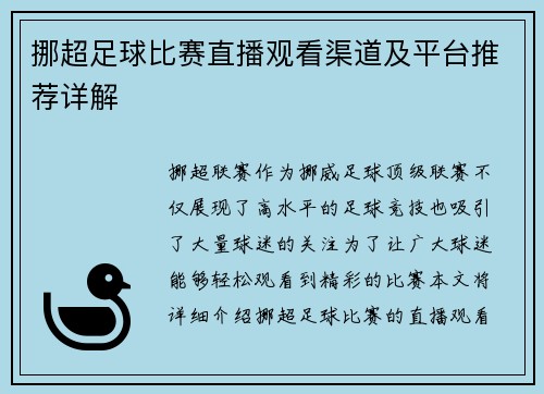 挪超足球比赛直播观看渠道及平台推荐详解