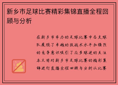 新乡市足球比赛精彩集锦直播全程回顾与分析